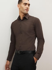 Chocolate Brown Slim Fit Easy Care Single Cuff Shirt - Image 1 of 6