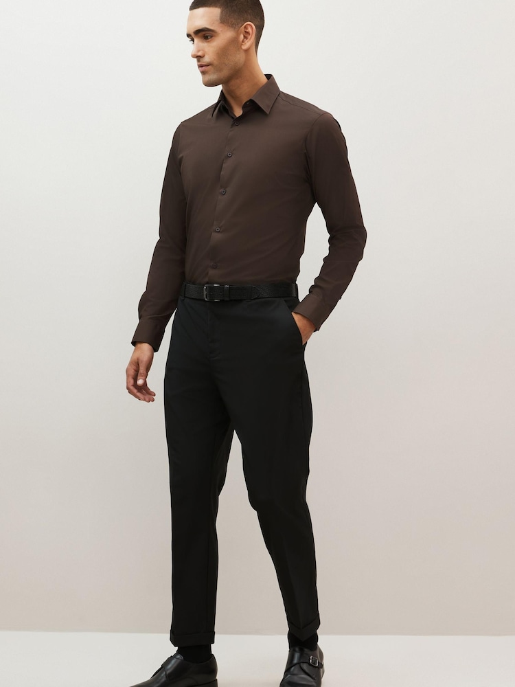 Chocolate Brown Slim Fit Easy Care Single Cuff Shirt - Image 2 of 6