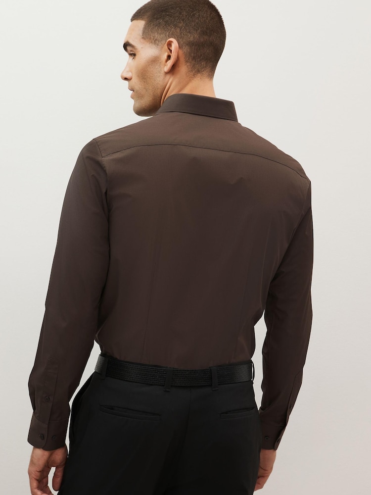 Chocolate Brown Slim Fit Easy Care Single Cuff Shirt - Image 3 of 6