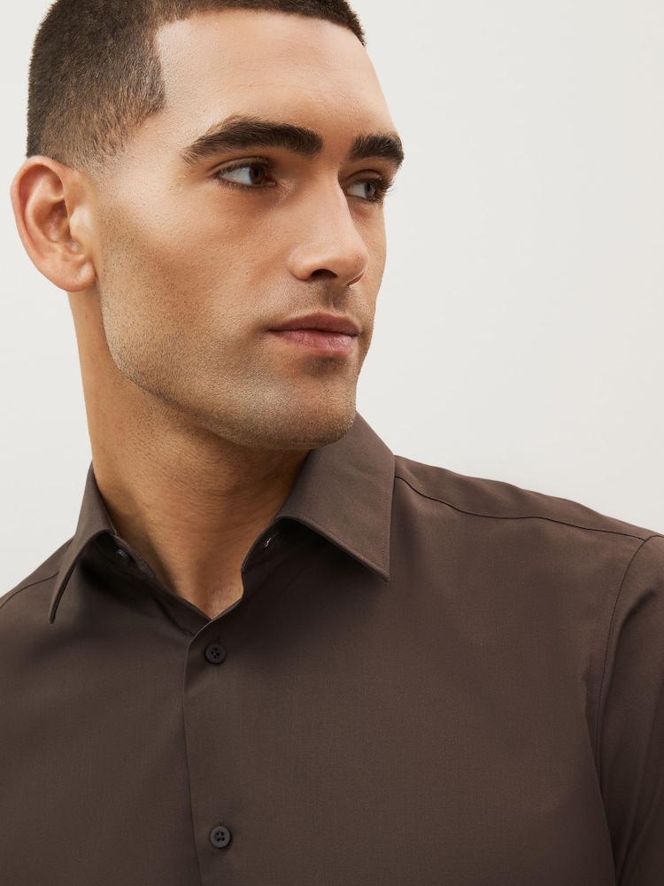 Chocolate Brown Slim Fit Easy Care Single Cuff Shirt - Image 4 of 6