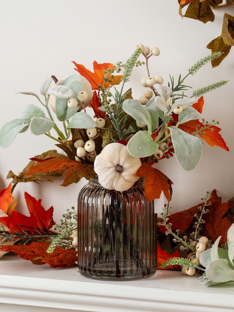 Scottish Everlastings Ltd Orange Pumpkin Arrangement in Ribbed Glass Vase - Image 1 of 3 Scottish Everlastings Ltd Orange Pumpkin Arrangement in Ribbed Glass Vase - Image 1 of 3