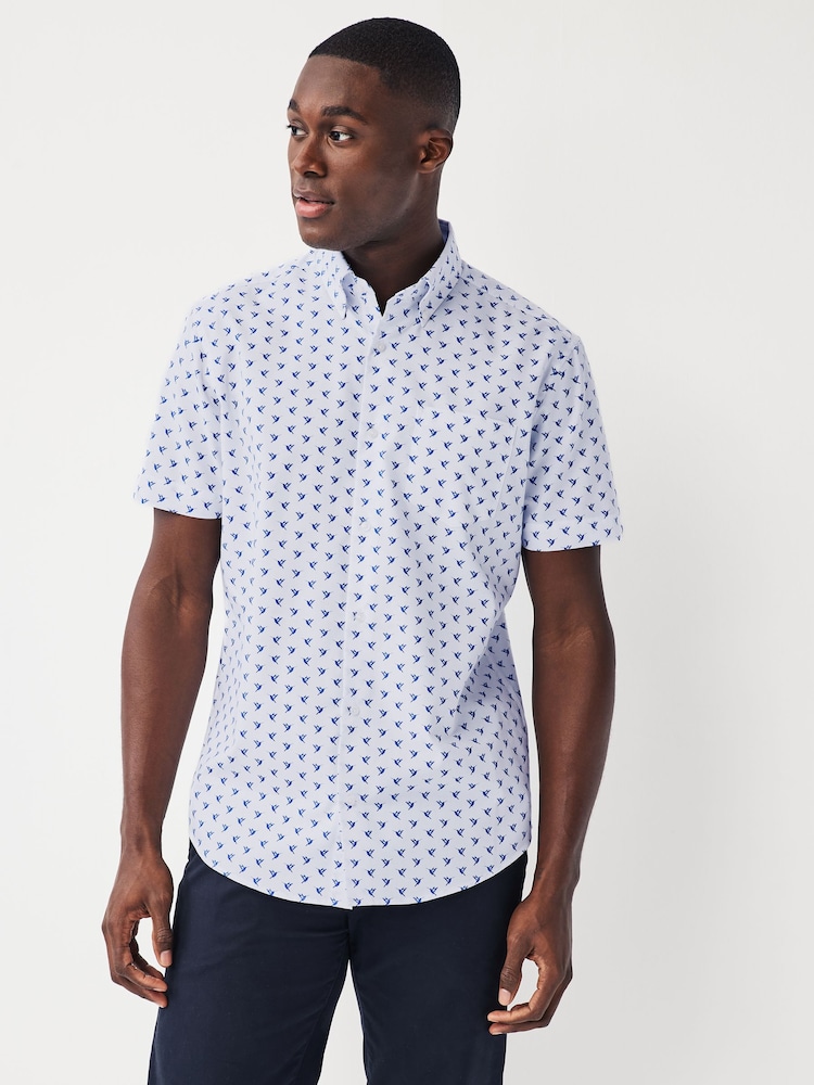 White/Blue Hummingbird Easy Iron With Button Down Collar Short Sleeve Oxford Shirt - Image 1 of 6