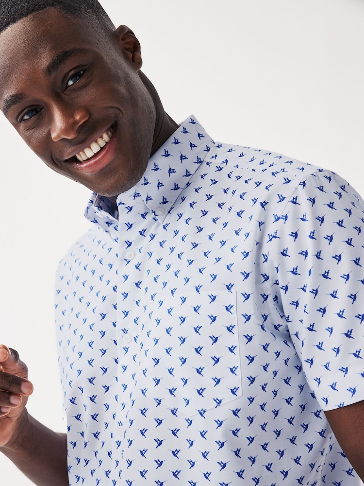 White/Blue Hummingbird Easy Iron With Button Down Collar Short Sleeve Oxford Shirt - Image 4 of 6