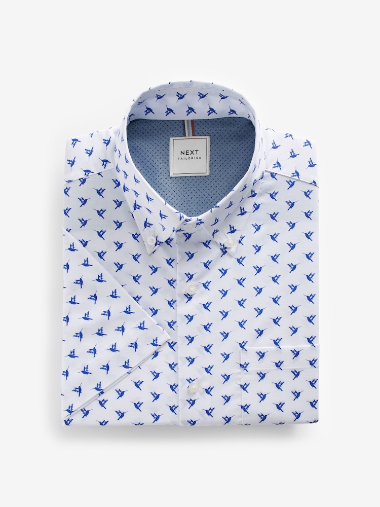 White/Blue Hummingbird Easy Iron With Button Down Collar Short Sleeve Oxford Shirt - Image 5 of 6