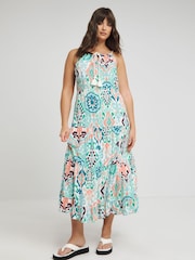 JD Williams Blue Aztec Style Print Maxi Tiered Beach Dress - Image 1 of 4