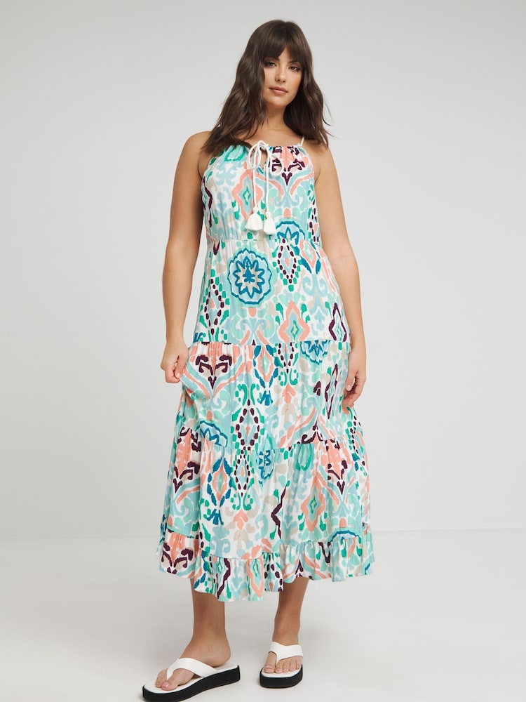 JD Williams Blue Aztec Style Print Maxi Tiered Beach Dress - Image 1 of 4