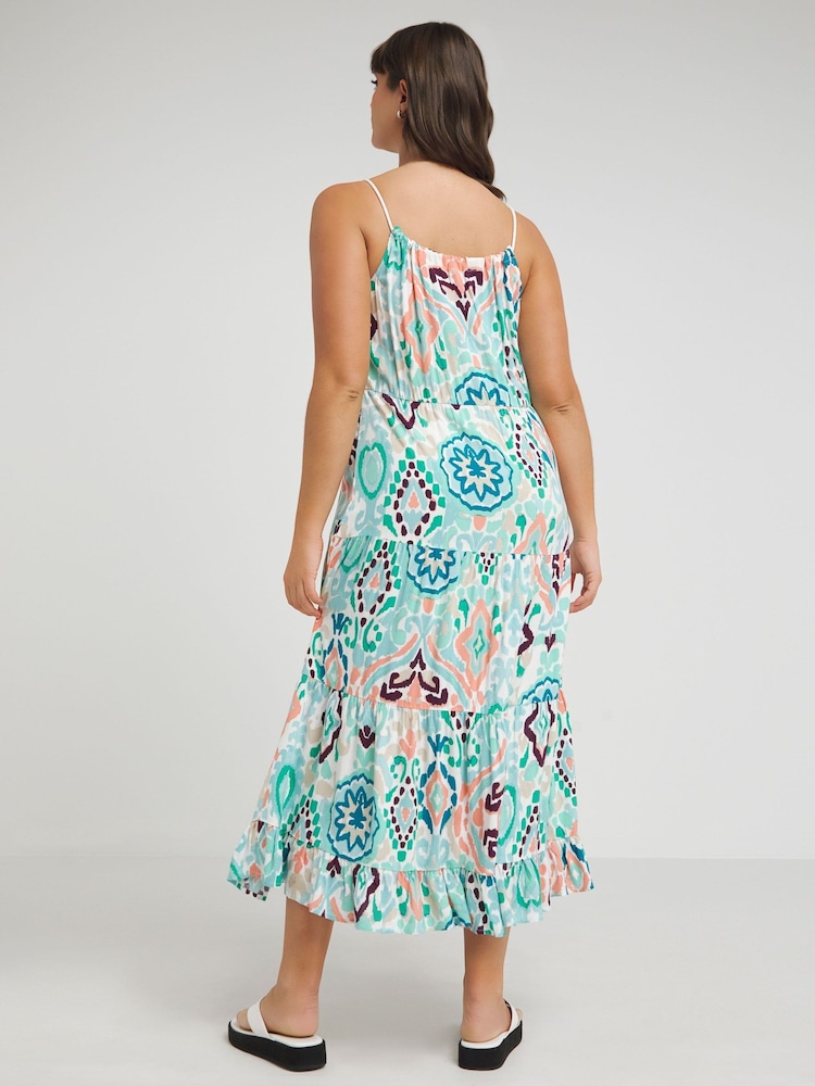 JD Williams Blue Aztec Style Print Maxi Tiered Beach Dress - Image 2 of 4