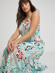 JD Williams Blue Aztec Style Print Maxi Tiered Beach Dress - Image 3 of 4