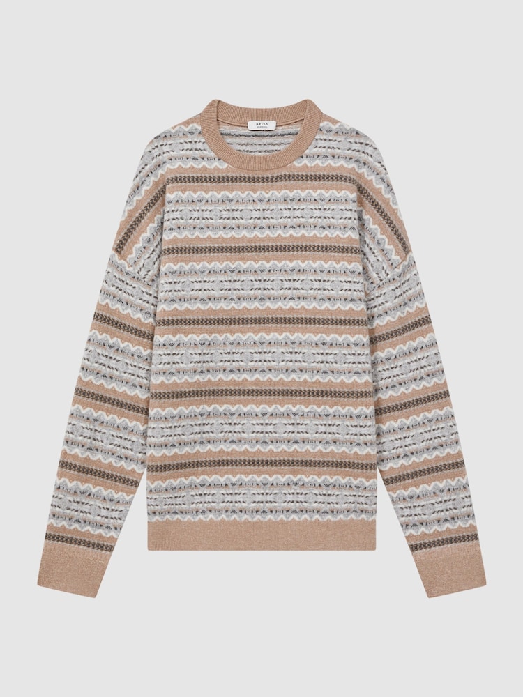 Reiss Camel Plato Wool Fairisle Pattern Crew Neck Jumper - Image 2 of 5