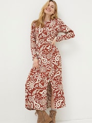 FatFace Brown Haldon Watercolour Midi Dress - Image 1 of 5