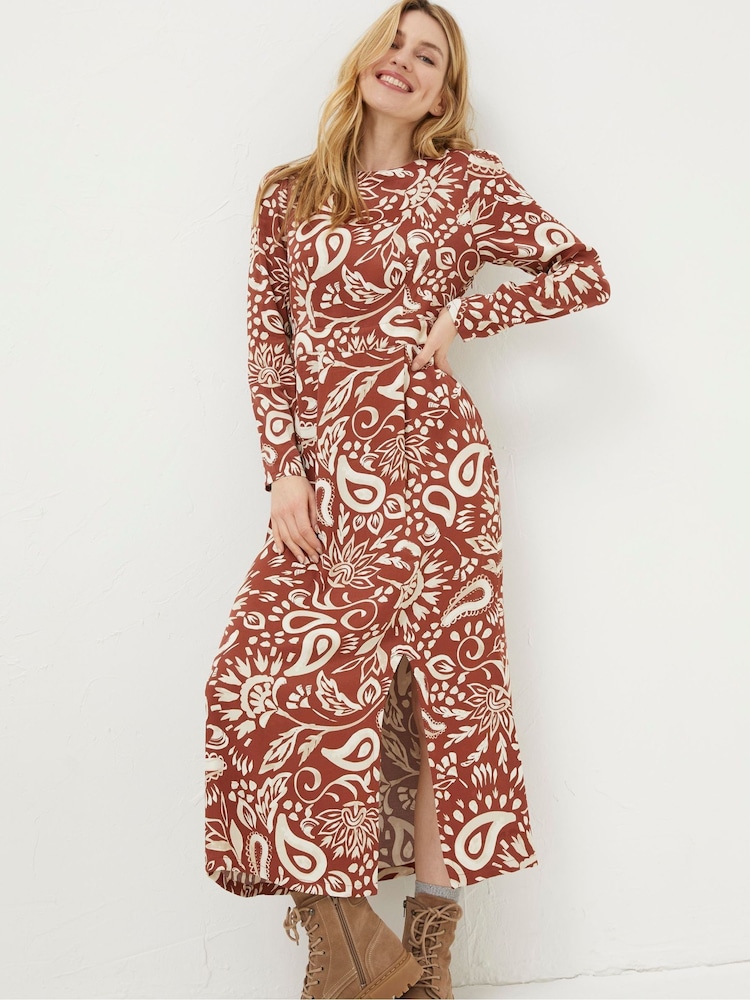 FatFace Brown Haldon Watercolour Midi Dress - Image 1 of 5