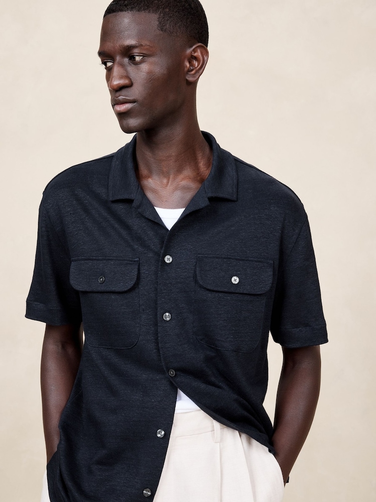 Banana Republic Blue Linen French Terry Resort Shirt - Image 1 of 1