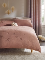 Pink Embroidered Snowflake Faux Fur Christmas Duvet Cover and Pillowcase Set - Image 1 of 5