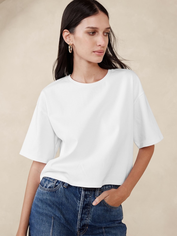 Banana Republic White Heavy Cotton Boxy Crop T-Shirt - Image 1 of 4 Banana Republic White Heavy Cotton Boxy Crop T-Shirt - Image 1 of 4