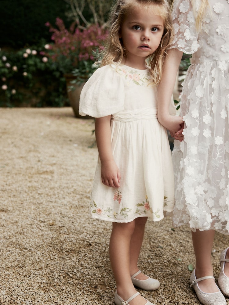 White Embroidered Cotton/Linen Blend Dress (3mths-10yrs) - Image 2 of 7 White Embroidered Cotton/Linen Blend Dress (3mths-10yrs) - Image 2 of 7