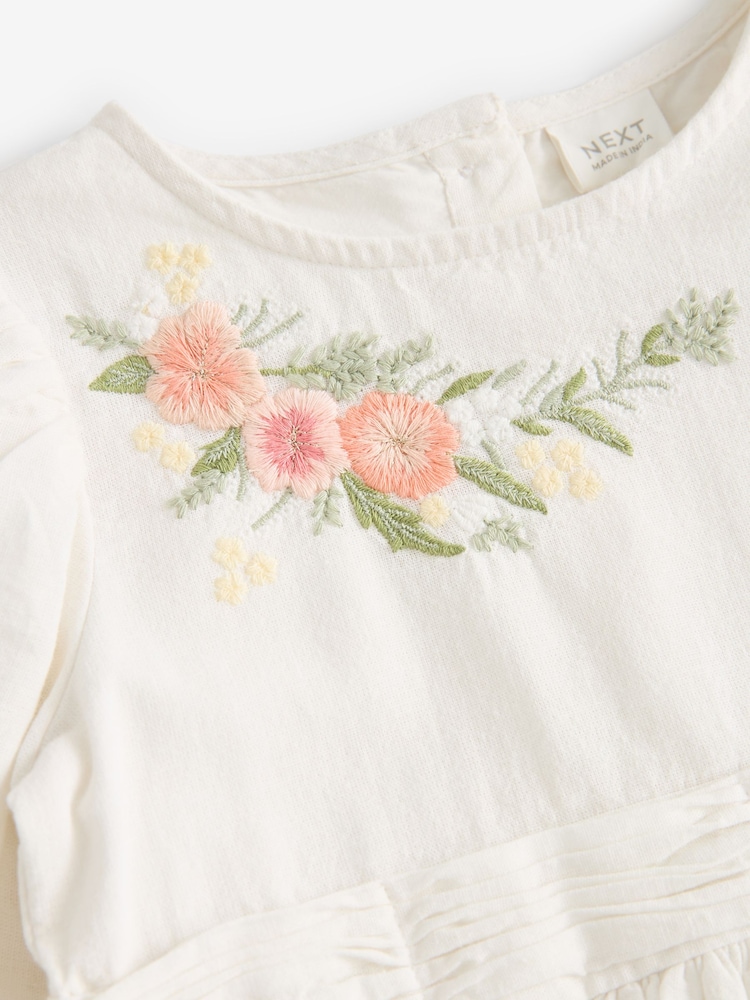 White Embroidered Cotton/Linen Blend Dress (3mths-10yrs) - Image 7 of 7 White Embroidered Cotton/Linen Blend Dress (3mths-10yrs) - Image 7 of 7