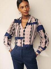 Navy Blue Geo Print Printed Floral V Neck Blouse - Image 1 of 1
