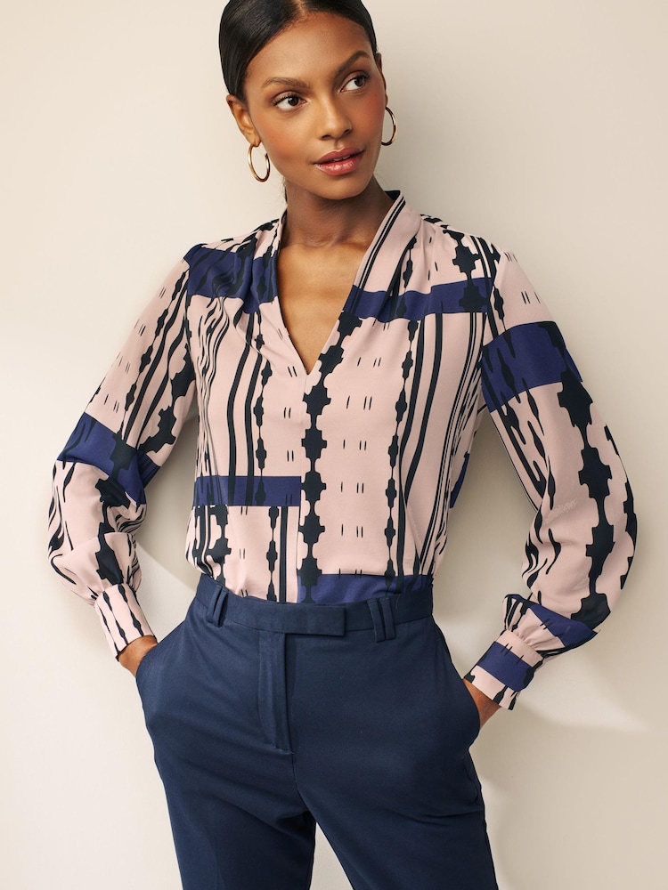 Navy Blue Geo Print Printed Floral V Neck Blouse - Image 1 of 1