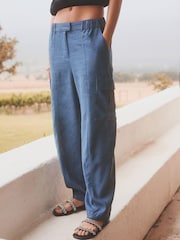 Blue Smart Linen Blend Cargo Taper Trousers - Image 3 of 7