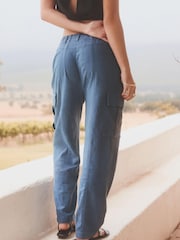 Blue Smart Linen Blend Cargo Taper Trousers - Image 4 of 7