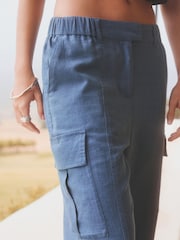 Blue Smart Linen Blend Cargo Taper Trousers - Image 5 of 7