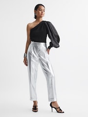Reiss Black Renee One-Shoulder Blouson Sleeve Ruche Top - Image 1 of 5