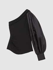 Reiss Black Renee One-Shoulder Blouson Sleeve Ruche Top - Image 2 of 5