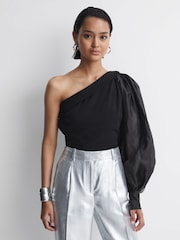 Reiss Black Renee One-Shoulder Blouson Sleeve Ruche Top - Image 3 of 5
