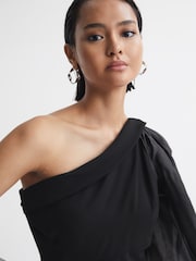 Reiss Black Renee One-Shoulder Blouson Sleeve Ruche Top - Image 4 of 5