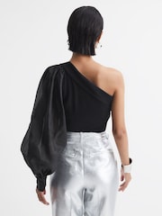 Reiss Black Renee One-Shoulder Blouson Sleeve Ruche Top - Image 5 of 5