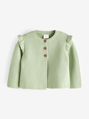 Sage Green Baby Frill Shoulder Knitted 100% Cotton Cardigan (0mths-2yrs) - Image 1 of 3