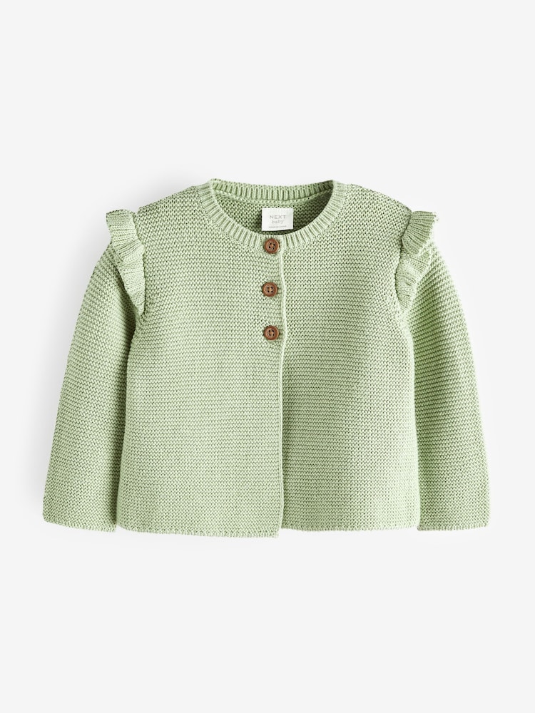 Sage Green Baby Frill Shoulder Knitted 100% Cotton Cardigan (0mths-2yrs) - Image 1 of 3