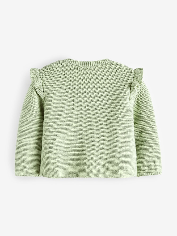 Sage Green Baby Frill Shoulder Knitted 100% Cotton Cardigan (0mths-2yrs) - Image 2 of 3