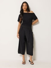 PixieGirl Petite Black Pleated Wrap Wide Leg Cropped Trousers - Image 1 of 5