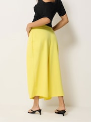PixieGirl Petite Yellow Pleated Wrap Wide Leg Cropped Trousers - Image 3 of 5