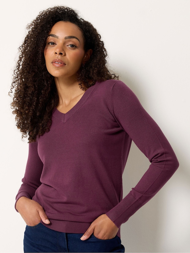 M&Co Berry Purple V-Neck Long Sleeve Jumper - Image 1 of 5 M&Co Berry Purple V-Neck Long Sleeve Jumper - Image 1 of 5
