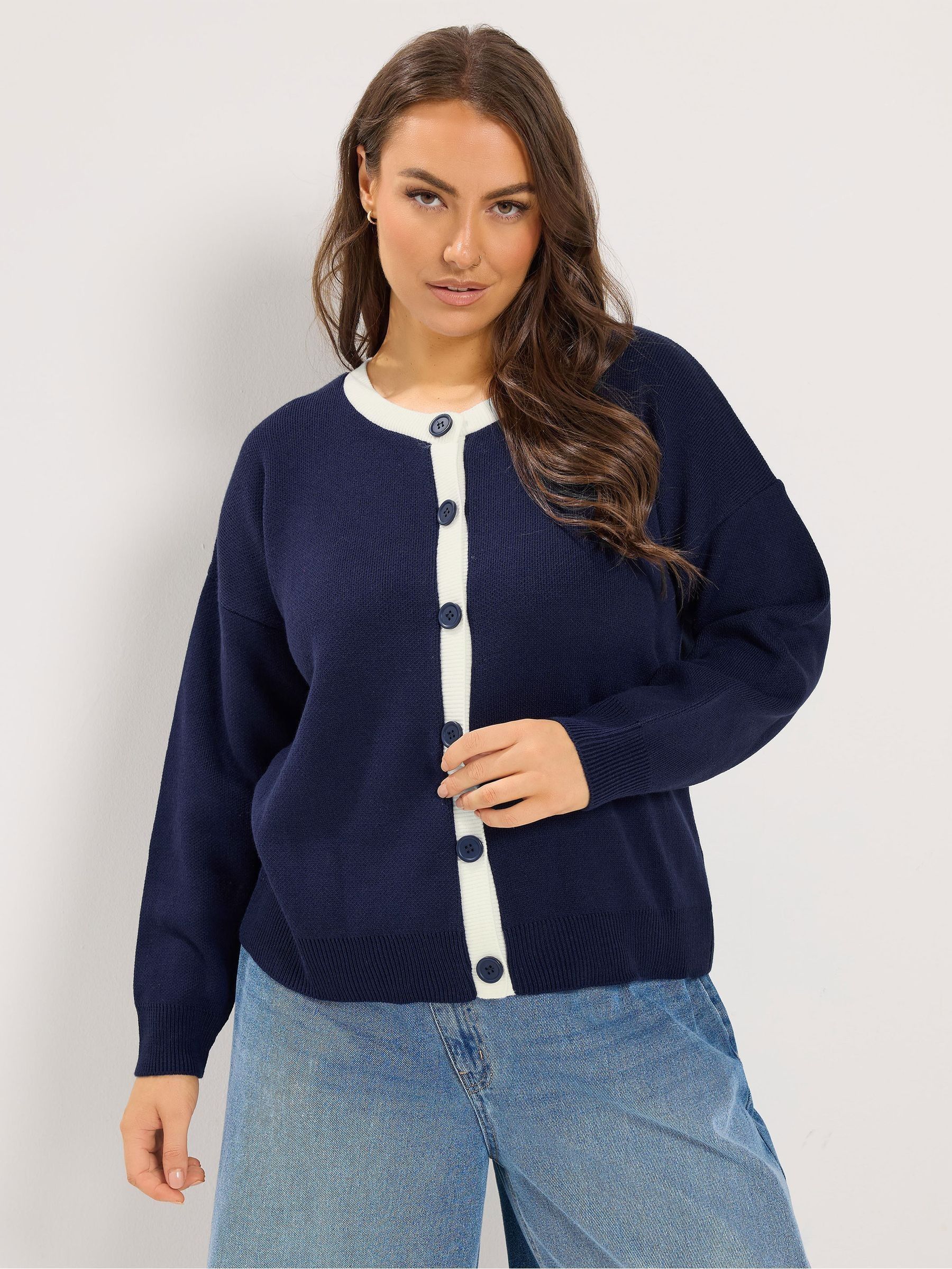 Yours Curve Women's Blue Contrast Tipped Crew Neck Long Sleeve Cardigan - Image 1