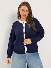 Yours Curve Blue Contrast Tipped Crew Neck Long Sleeve Cardigan - Image 1 of 6