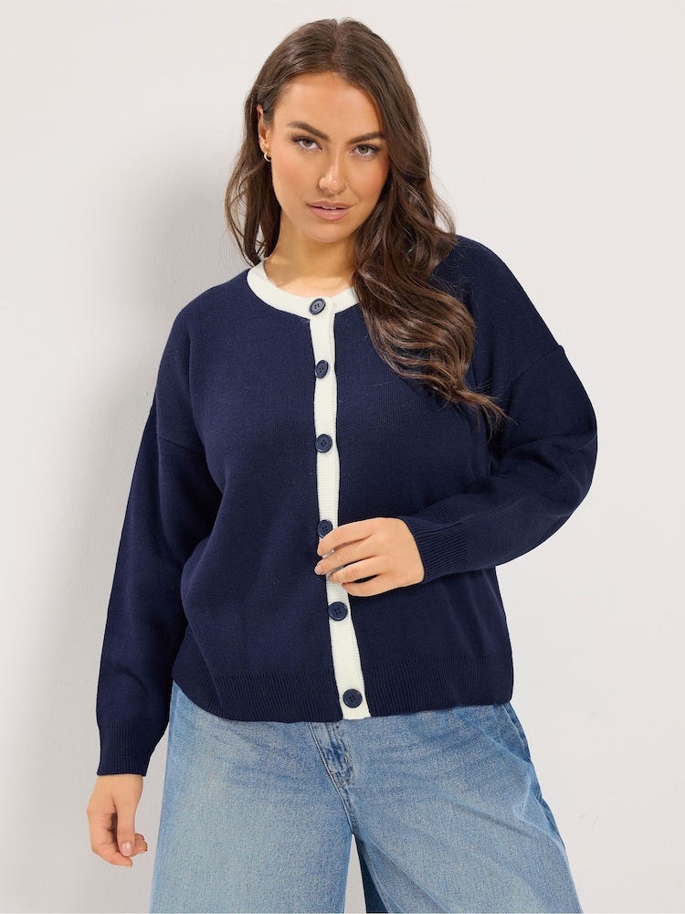 Yours Curve Blue Contrast Tipped Crew Neck Long Sleeve Cardigan - Image 1 of 6 Yours Curve Blue Contrast Tipped Crew Neck Long Sleeve Cardigan - Image 1 of 6