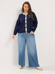 Yours Curve Blue Contrast Tipped Crew Neck Long Sleeve Cardigan - Image 2 of 6
