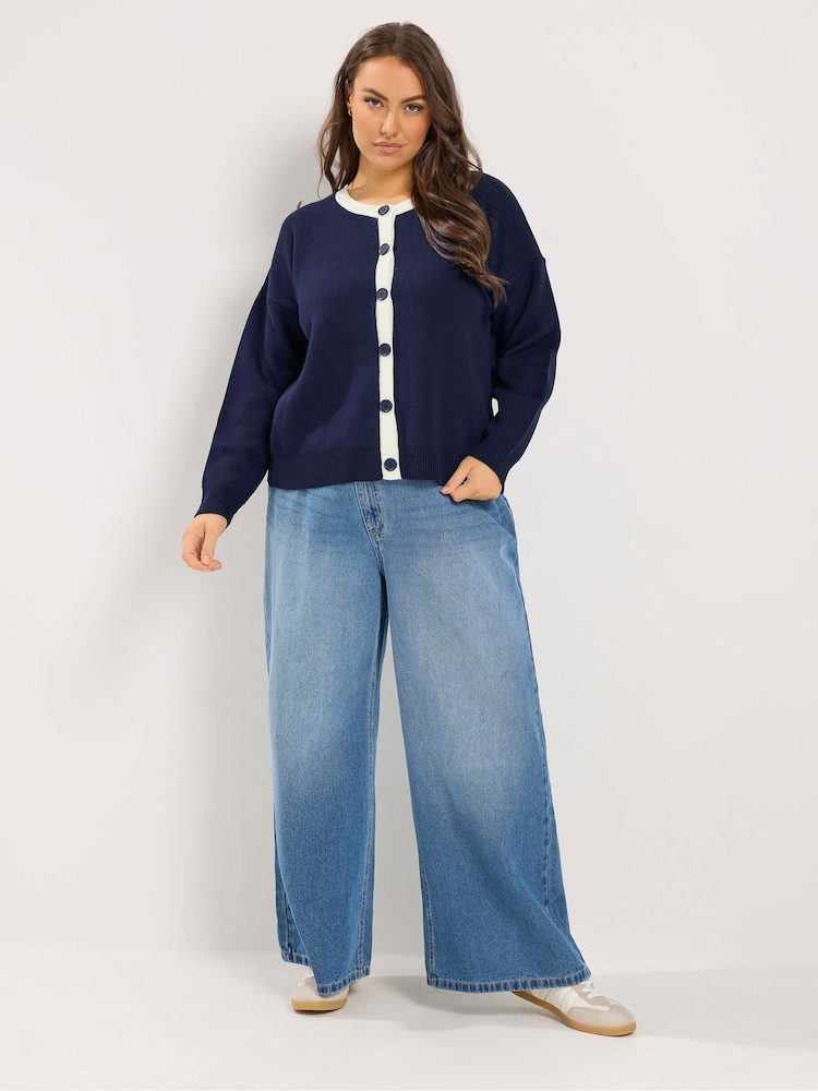 Yours Curve Blue Contrast Tipped Crew Neck Long Sleeve Cardigan - Image 2 of 6 Yours Curve Blue Contrast Tipped Crew Neck Long Sleeve Cardigan - Image 2 of 6