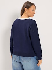 Yours Curve Blue Contrast Tipped Crew Neck Long Sleeve Cardigan - Image 3 of 6
