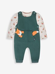 JoJo Maman Bébé Marl Green Fox Boys' Sausage Dog Appliqué Pocket Dungarees & Top Set - Image 1 of 6