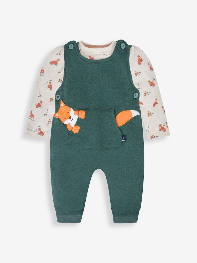 JoJo Maman Bébé Marl Green Fox Boys' Sausage Dog Appliqué Pocket Dungarees & Top Set - Image 1 of 6
