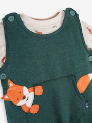 JoJo Maman Bébé Marl Green Fox Boys' Sausage Dog Appliqué Pocket Dungarees & Top Set - Image 5 of 6