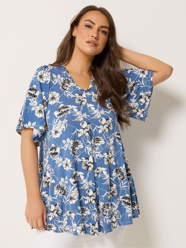 Yours Curve Blue/White Pleated Front Swing Top - Image 1 of 4 Yours Curve Blue/White Pleated Front Swing Top - Image 1 of 4