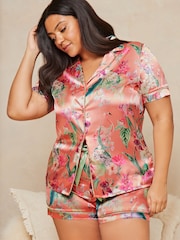 Lipsy Pink Flamingo Curve Satin Short Sleeve Shorts Pyjamas - Image 1 of 4
