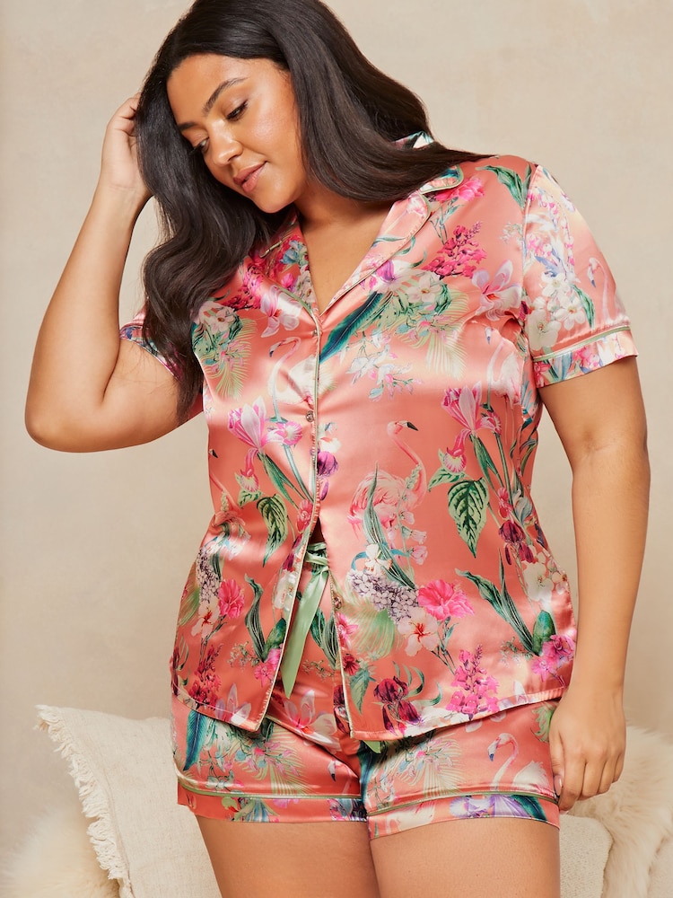 Lipsy Pink Flamingo Curve Satin Short Sleeve Shorts Pyjamas - Image 1 of 4