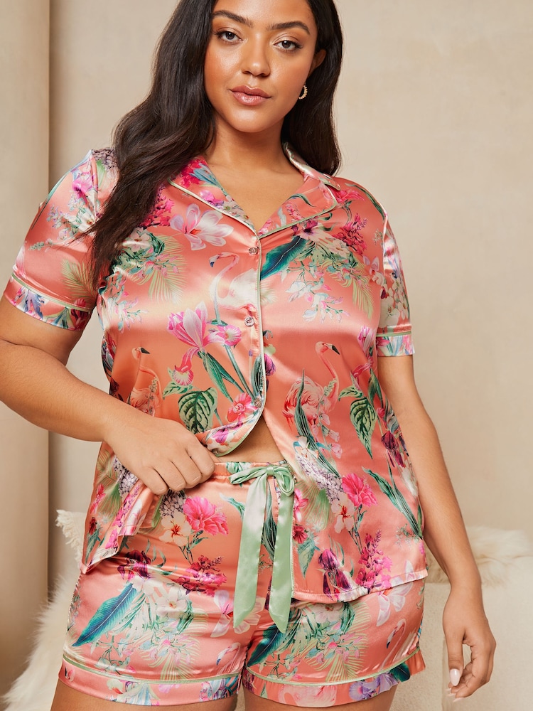 Lipsy Pink Flamingo Curve Satin Short Sleeve Shorts Pyjamas - Image 4 of 4