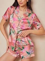 Lipsy Pink Flamingo Petite Satin Short Sleeve Shorts Pyjamas - Image 4 of 4